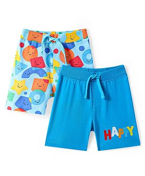 Babyhug Single Jersey Knit Mid Thigh Shorts with Happy Text Print Pack Of 2 - Blue