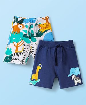 Babyhug Cotton Knit Mid Thigh Shorts with Animal Print Pack of 2 - Navy Blue & White