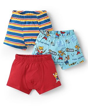 Babyhug 100% Cotton Single Jersey Knit Trunks With Stripes & Tiger Print Pack Of 3 - Red Blue & Light Blue