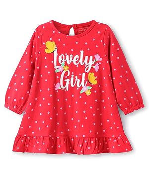 Babyhug Cotton Knit Full Sleeves Nighty with Frill Polka Dot & Lovely Girl Text Print - Red