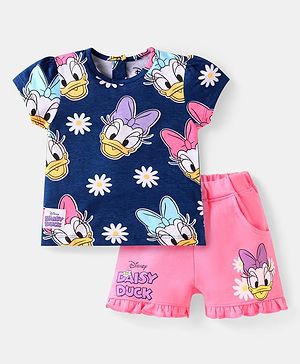 Babyhug Disney Single Jersey Knit Half Sleeves T-Shirt & Shorts Set With Daisy Duck Graphics & Frill Detailing - Navy Blue & Pink
