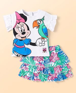 Babyhug Disney Single Jersey Knit Half Sleeves Top & Tiered Skirt Set With Minnie Mouse Graphics & Frill Detailing - White Blue & Green