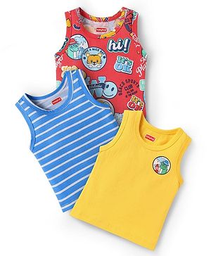 Babyhug 100% Cotton Single Jersey Knit Sleeveless Sandos With Stripes & Tiger Print Pack Of 3 - Yellow Blue & Red