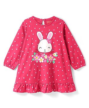 Babyhug Cotton Knit Full Sleeves Nighty with Frill Polka Dot & Bunny Print - Red