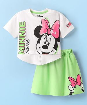 Babyhug Disney Single Jersey Knit Half Sleeves T-Shirt And Skirt Set  With Minnie Mouse Graphics - Light Green & White
