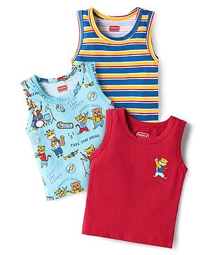 Babyhug 100% Cotton single Jersey Knit Sleeveless Sandos With Striped & Animal Print Pack Of 3 - Red Blue & Light Blue