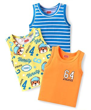 Babyhug 100% Cotton Knit Sleeveless Sandos With Stripes & Cub Print Pack of 3 - Blue Yellow & Orange