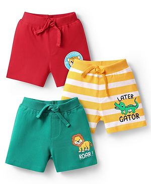 Babyhug Cotton Knit Mid Thigh Shorts with Animal Print & Stripes Pack of 3 - Yellow Red & Green