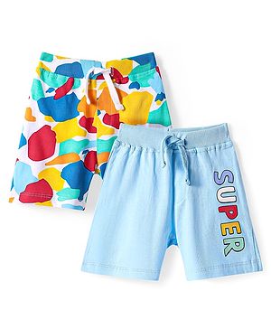 Babyhug Cotton Single Jersey Mid Thigh Shorts with Super Text Print Pack of 2 - Light Blue