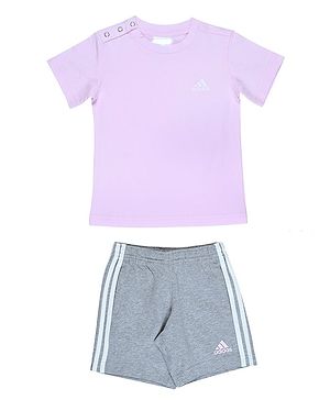 Adidas Kids 100% Cotton Knit Half Sleeves T-Shirt & Shorts Set with Logo Print - Grey