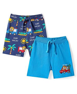 Babyhug Cotton Knit Mid Thigh Shorts with Beach Theme Print Pack of 2 - Navy & Light Blue