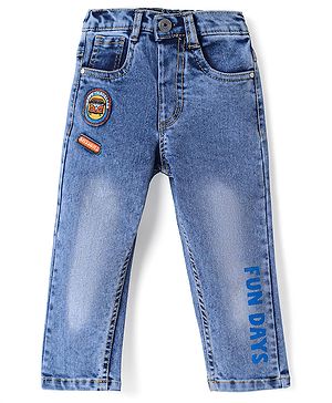 Babyhug Denim Full Length Jeans With Stretch Vehicle Embroidery Patch -  Blue