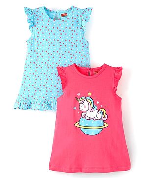 Babyhug 100% Cotton Knit Half Sleeves Nighty Heart & Unicorn Print Pack of 2 - Dark Pink & Blue