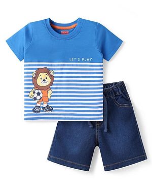 Babyhug Single Jersey Knit Half Sleeves T-Shirt & Denim Shorts Set With Lion Print - Blue