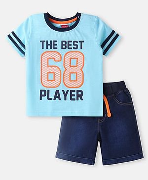 Babyhug Single Jersey Knit Half Sleeves T-Shirt & Denim Shorts Set with Text Print & Tape Detailing - Light Blue