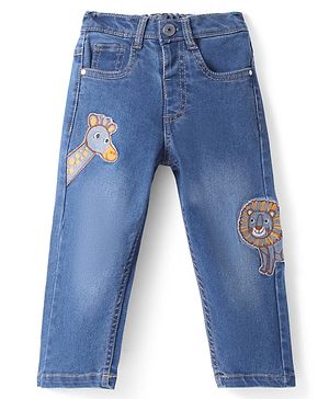 Babyhug Denim Full Length Washed Jeans With Stretch & Animal Patch -Blue