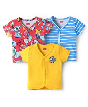 Babyhug 100% Cotton Interlock Knit Front Open Vests With Striped & Text Print Pack Of 3 - Light Blue Yellow & Red