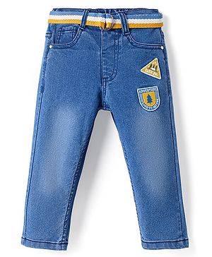 Babyhug Full Length Washed Denim Jeans With Stretch & Tree Patch - Blue