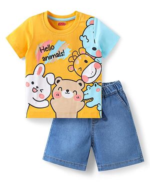 Babyhug Knitted Half Sleeves Animal Printed T-Shirt & Denim Shorts Set - Yellow & Blue