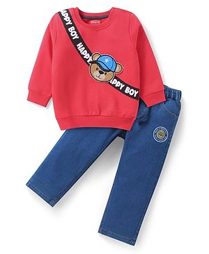 Babyhug Terry Knit Full Sleeves Sweatshirt & Denim Jeans Set With Teddy Bear Patch - Red & Blue