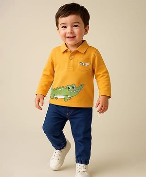 Babyhug Single Jersey Knit Full Sleeves Polo T-Shirt & Denim Jeans Set With Crocodile Print - Yellow & Blue