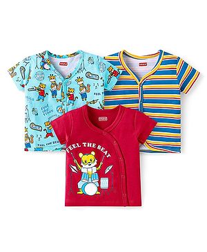 Babyhug 100% Cotton Knit Half Sleeves Front Open Jhablas With Stripes & Animal Print Pack Of 3 - Red & Light Blue