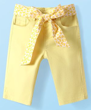 Babyhug Twill Woven Solid Capri with Stretch & Fabric Belt - Yellow