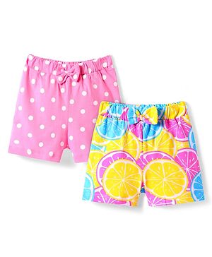 Babyhug Single Jersey Knit Mid Thigh Shorts With Polka Dot & Fruit Print & Bow Applique Pack of 2 - Pink & Yellow