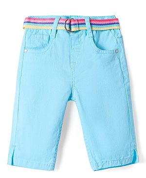 Babyhug Twill Woven Solid Capri with Stretch & Fabric Belt - Light Blue