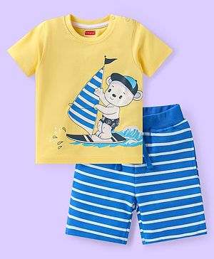 Babyhug Single Jersey Knit Half Sleeves T-Shirt & Striped Shorts Set With Animal Print - Yellow & Blue