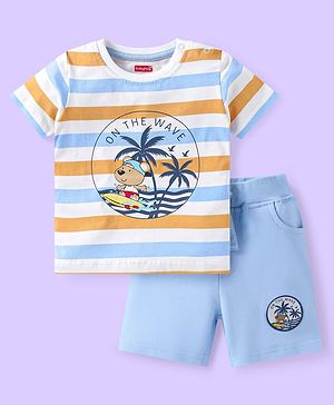 Babyhug Single Jersey Knit Half Sleeves Striped T-Shirt & Shorts Set with Beach Theme Print - Light Blue