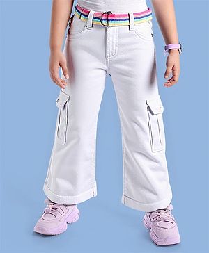 Babyhug Twill Woven Full Length Solid Color Flared Pants with Belt - White