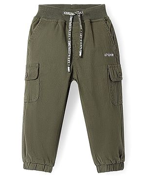 Babyhug Twill Woven Full Length Trouser with Cargo Pocket & Text Print - Olive Green