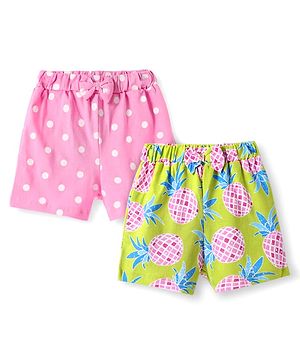 Babyhug Cotton Single Jersey Knit Mid Thigh Shorts Polka Dot & Pineapple Print Pack of 2 - Pink & Green