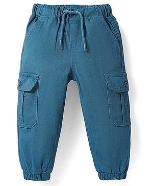 Babyhug Twill Woven Full Length Solid Color Stretchable Trouser with Cargo Pockets - Teal Blue