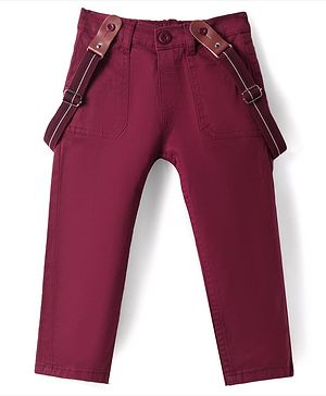 Babyhug Twill Woven Full Length Solid Trouser with Stretch & Suspender - Maroon