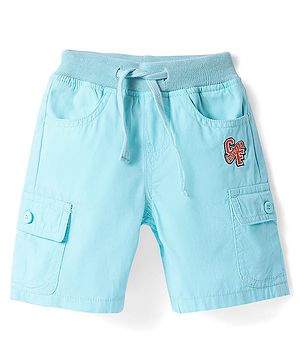 Babyhug Cotton Knit Above Knee Length Bermuda with Stretch & Text Embroidery - Light Blue