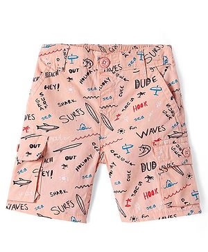 Babyhug Poplin Woven Above Knee Length Bermuda with Beach Print - Peach