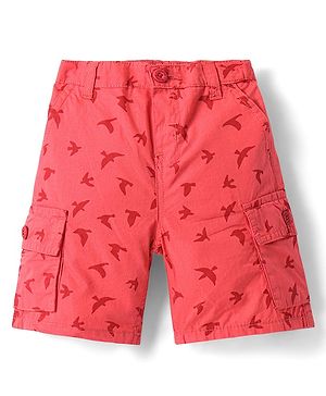 Babyhug Cotton Woven Above Knee Length Bermuda with Bird Print - Coral