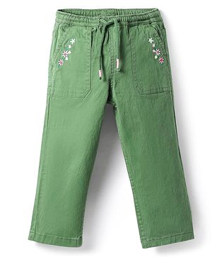 Babyhug Twill Woven Full Length Trouser with Stretch & Floral Embroidery - Green