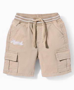 Babyhug Twill Woven Above Knee Length Text Printed Bermuda With Side Pockets & Stretch - Beige