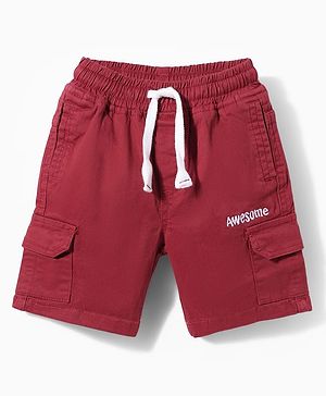 Babyhug Twill Woven Above Knee Length Text Printed Bermuda With Side Pockets & Stretch - Red