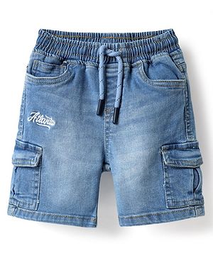 Babyhug Denim Above Knee Length Bermuda With Stretch & Embroidery Text - Blue