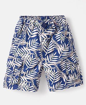 Babyhug Twill Woven Above Knee Length Bermuda With Leaf Print - Navy Blue