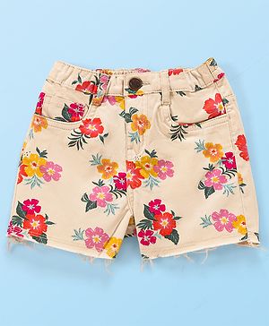 Babyhug Twill Woven Mid Thigh Shorts With Floral Print & Stretch - Off White