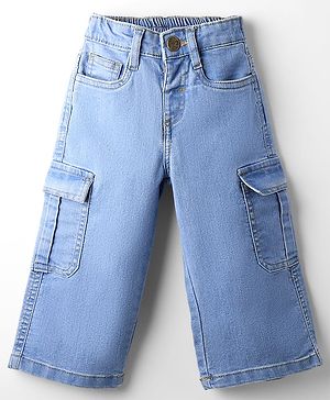Babyhug Full Length Wide Leg Denim Washed Jeans With Stretch & Cargo Pockets - Blue
