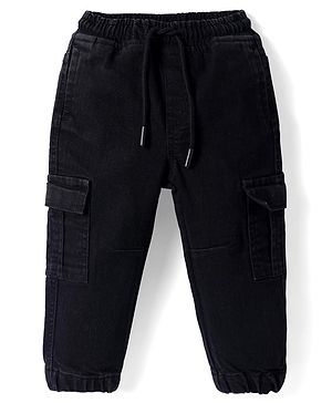 Babyhug Full Length Washed Denim Jogger With Stretch & Cargo Pockets - Black