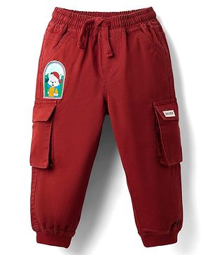 Babyhug Twill Woven Full Length Trouser With Stretch Animal Print Patch - Maroon