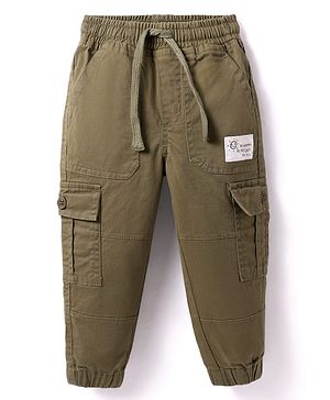 Babyhug Twill Woven Full Length Solid Color Trousers With Stretch and Pockets - Olive Green