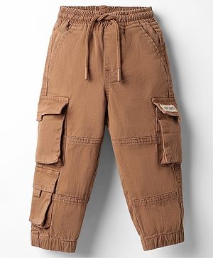 Babyhug Twill Woven Full Length Trouser With Text Patch - Brown